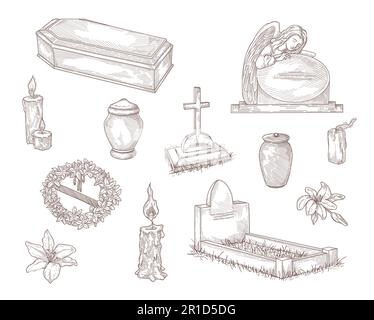 Funeral service elements hand drawn vector illustration Stock Vector