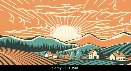 Fields Rolling Hills Sunrise Farm Land Background Stock Vector