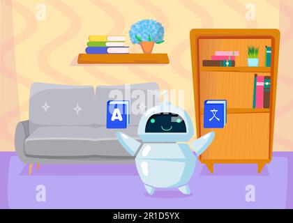 Cartoon cute chatbot teaching foreign languages, translating Stock Vector