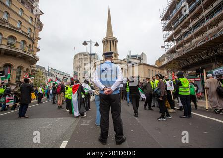 London, England, UK. 13th May, 2023. Protesters march from BBC to Downing Street in Nakba 75 demonstration. (Credit Image: © Tayfun Salci/ZUMA Press Wire) EDITORIAL USAGE ONLY! Not for Commercial USAGE! Stock Photo