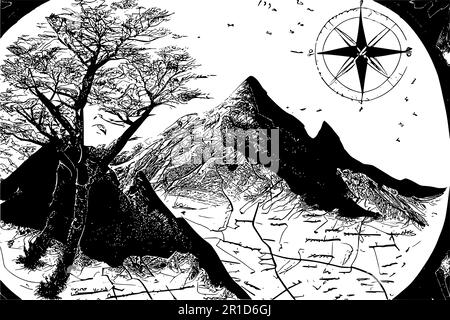 Old map, compass and mountains. Outdoor activity vector background. Stock Vector