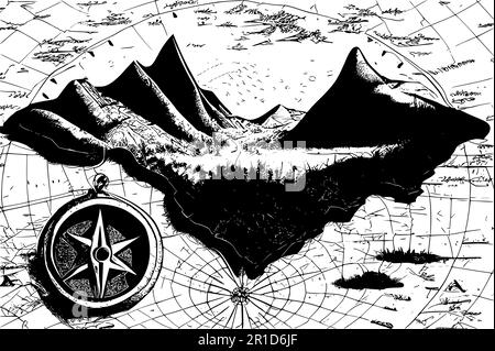 Old map, compass and mountains. Outdoor activity vector background. Stock Vector