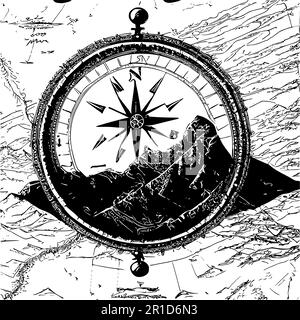 Old map, compass and mountains. Outdoor activity vector background. Stock Vector