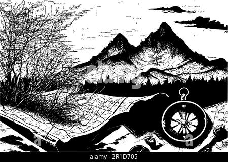 Old map, compass and mountains. Outdoor activity vector background. Stock Vector