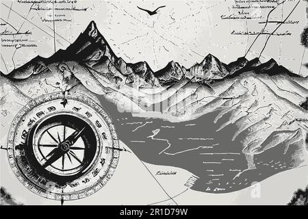 Old map, compass and mountains. Outdoor activity vector background. Stock Vector