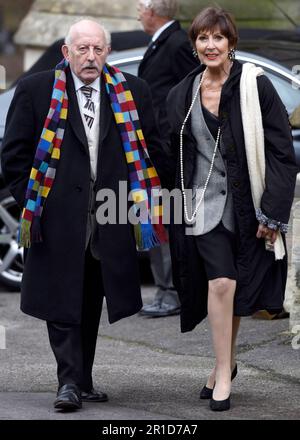 File photo dated 29/1/2016 of Anita Harris and her husband Mike Margolis attending the funeral of the former disc jockey and TV presenter DJ Ed 'Stewpot' Stewart, at St Peter's Church in Bournemouth. Margolis has died 'peacefully' aged 84, Harris's agent David Hahn has confirmed. Margolis worked as Carry On actress Harris's record producer and manager in the 1960s, after she rose to fame with the Cliff Adams Singers, before the pair married in 1973. Issue date: Saturday May 13, 2023. Stock Photo