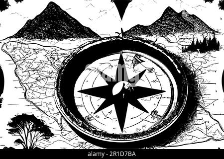 Old map, compass and mountains. Outdoor activity vector background. Stock Vector