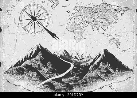 Old map, compass and mountains. Outdoor activity vector background. Stock Vector