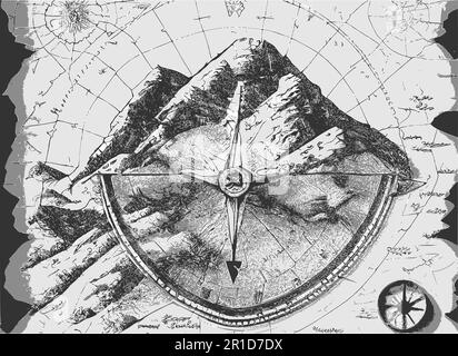 Old map, compass and mountains. Outdoor activity vector background. Stock Vector