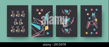 Set of contemporary art posters with hares and dragons Stock Vector