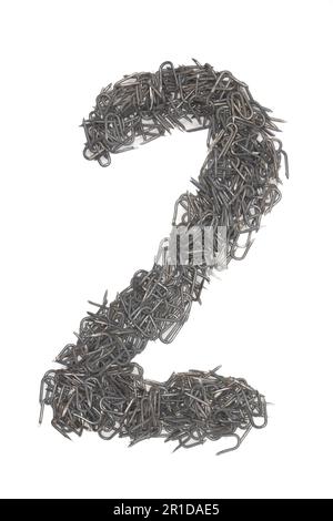 artistic number two 2 made from steel staples isolated on a white background numeric, numeral, Stock Photo