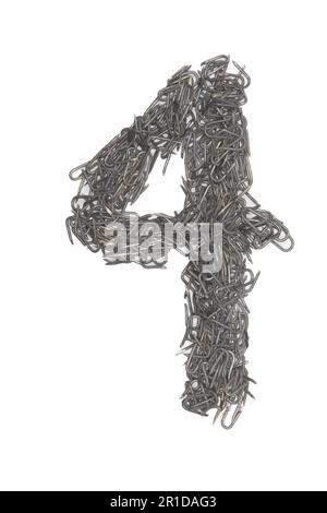 artistic number four 4 made from steel staples isolated on a white background numeric, numeral Stock Photo