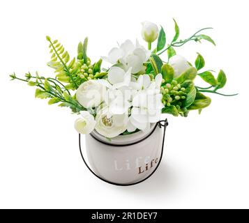 White flowers in pot isolated on white background. Stock Photo