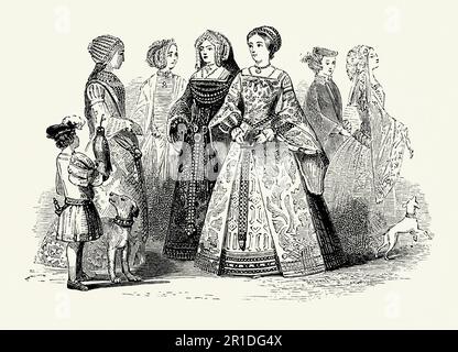 An old engraving of clothing worn by women in Tudor times in England. The style of dress dates from first part of the 16th century during the reign of Edward VI (1509–1547). Women’s clothes often featured long dresses were often embroidered with jewels. Square necklines and loose hanging sleeves were popular. For women hair was often braided. Headgear included embroidered bonnets and turbans. This attire would have been worn by those in society with money, landed gentry, the nobility and others connected to the royal court. Stock Photo