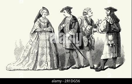 An old engraving of clothing worn in Tudor times in England. The style of dress dates from first part of the 16th century during the reign of Henry VIII (1509–1547). Men’s clothes often featured doublets and pantaloons, over which a short cloak with armholes and a fur or velvet collar was worn. Flat caps were a common feature. For women long hair was fashionable. Long dresses were often embroidered with jewels. This attire would have been worn by those in society with money, landed gentry, the nobility and others connected to the royal court. Stock Photo