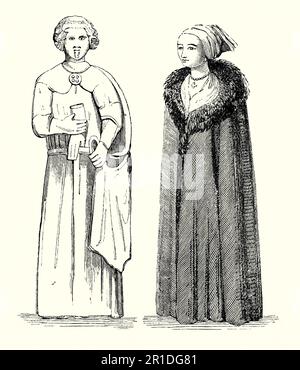 An old engraving of clothing worn in Ireland in the 1500s. The man wears a long robe over which he holds his outer cloak. He wears no hat and has a neat moustache. The woman wears a cloak or cape over a flowing toga. The cloak features a fur collar. Simple turban-type headwear covers all her hair. This attire would have been worn by those with money, landed gentry, the nobility and others with rank in society. This illustration is adapted from two original engravings from an old Victorian history book. Stock Photo
