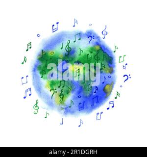 Watercolor music planet Earth illustration isolated on white background. Stock Photo