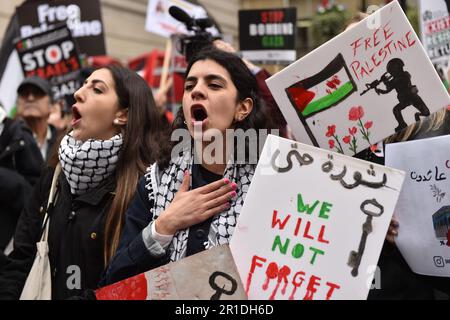 London, England, UK. 13th May, 2023. Protester shouts slogans during the rally in central London. Demonstrators march in support for Palestine in central London. Palestinians commemorate the 75th anniversary of Nakba Day, also known as the Palestinian Catastrophe, which involved the destruction of Palestinian society in 1948, as well as the continuing displacement of many Palestinian people from their homeland. (Credit Image: © Thomas Krych/ZUMA Press Wire) EDITORIAL USAGE ONLY! Not for Commercial USAGE! Stock Photo