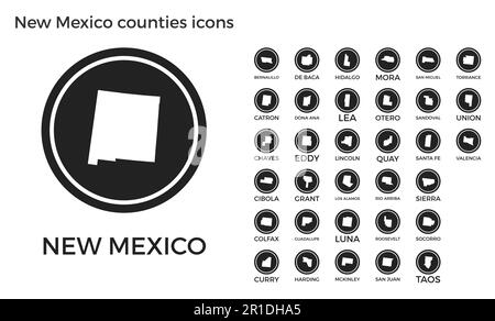 New Mexico counties icons. Black round logos with US state counties maps and titles. Vector illustration. Stock Vector
