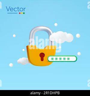 3d secured lock with password input, clouds flying around, isolated on background. Design concept for server security, internet safety, guard, antivirus, anti hacking. 3d vector illustration. Vector illustration Stock Vector