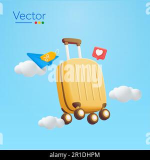 3d suitcase flying on the sky with instagram heart icon, gift voucher, coupon, paper plane, clouds, isolated on background. Design concept for travel, booking. 3D vector illustration. Vector illustration Stock Vector