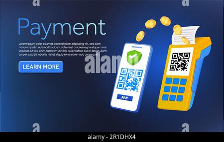 3d pos terminal device, qr code, printing receipts, flow of coins, smartphone, pay button, isolated on background. Banner design concept with text, call to action for payment. 3d vector illustration. Vector illustration Stock Vector