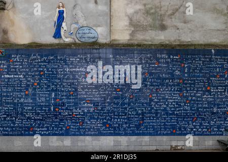 Wall of Love in Montmartre, Paris, featuring “I love you” written in hundreds of languages on blue enamel tiles. Stock Photo