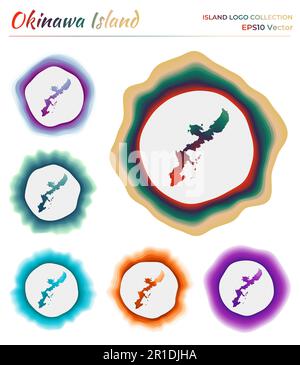 Okinawa logo collection. Colorful badge of the island. Layers around Okinawa Island border shape. Vector illustration. Stock Vector