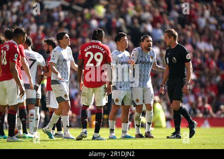 Wolverhampton Wanderers' Ruben Neves appeals to referee John Brooks during the Premier League match at Old Trafford, Manchester. Picture date: Saturday May 13, 2023. Stock Photo