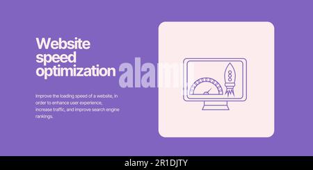 Website Speed Banner on Purple Background. Stylish Marketing Banner with White Text and Icons for Business and Marketing Stock Vector