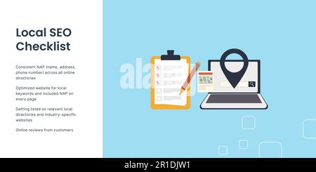 Local SEO Checklist Banner on White and Blue Background. Stylish SEO Banner with Black Text and Colored Icons for Business and Marketing Stock Vector