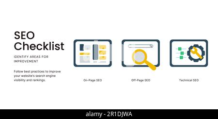 SEO Checklist Banner on Light Background. Stylish Marketing Banner with Black Text and Colored Icons for Business and Marketing Stock Vector