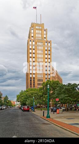 State Tower Building, viewed from East Water Street. Hanover Square is at right. Stock Photo