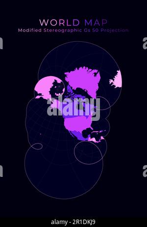 World Map. Modified stereographic projection for the United States including Alaska and Hawaii. Digital world illustration. Bright pink neon colors on Stock Vector