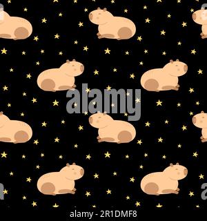 Funny smile capybara seamless pattern with yellow stars Stock Vector