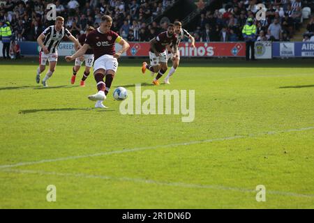 Paisley, Renfrewshire, Scotland. 13th May, 2023. Hearts Lawrence Shankland scores from the spot to bring the Edinburgh club level; During the Cinch Premiership match between St Mirren and Hearts at St Mirren Park on 13 May 2023 Credit: David Mollison/Alamy Live News Stock Photo