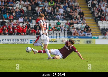 Paisley, Renfrewshire, Scotland. 13th May, 2023. Hearts Peter Haring slides in to bring down St Mirren’s Mark O’Hara resulting in a red card for the Hearts man; During the Cinch Premiership match between St Mirren and Hearts at St Mirren Park on 13 May 2023 Credit: David Mollison/Alamy Live News Stock Photo