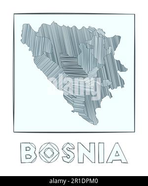 Sketch map of Bosnia. Grayscale hand drawn map of the country. Filled regions with hachure stripes. Vector illustration. Stock Vector