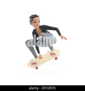 3d character woman jumping on skateboard, illustration isolated on white background Stock Photo