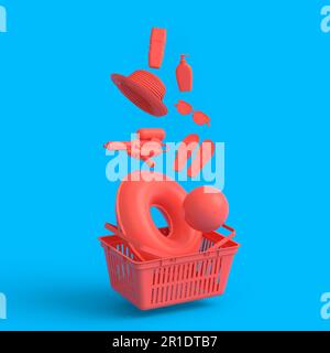 Colorful beach accessories and shopping basket on monochrome background. 3D render of summer vacation concept and holidays Stock Photo