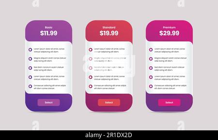 Professional pricing comparison table design with colorful gradient for business and service subscription Stock Vector