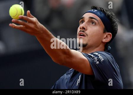 Rome, Italy. 13th May, 2023. Lorenzo Sonego of Italy serves during his match against Yoshihito Nishioka of Japan at the Internazionali BNL d'Italia tennis tournament at Foro Italico in Rome, Italy on May 13th, 2023. Credit: Insidefoto di andrea staccioli/Alamy Live News Stock Photo