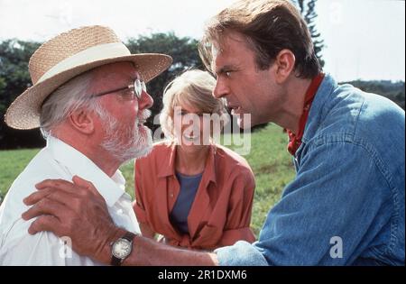 RICHARD ATTENBOROUGH LAURA DERN and SAM NEILL in JURASSIC PARK 1993 director STEVEN SPIELBERG novel Michael Crichton screenplay Michael Crichton and David Koepp music John Williams Amblin Entertainment / Universal Pictures Stock Photo