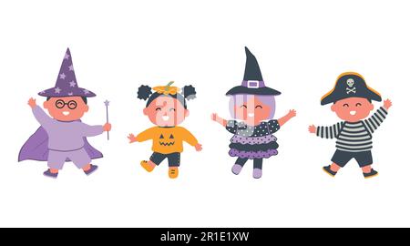 Halloween kids party. Children in halloween costumes. Witch, pirate, pumpkin and wizard in the image. Vector illustration Stock Vector