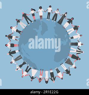 large group of people. Men and women are holding han'ds, stand around the world map. Multicultural group of people. Vector illustration Stock Vector