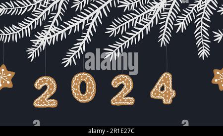 Fir branches with holiday decorations. Seamless border. Christmas cookies on the tree:  cookies in the form of numbers of the 2024 year. Vector Stock Vector