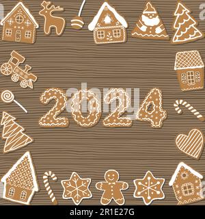 Christmas cookies on wooden background. Holiday background. Gingerbread houses, Santa Claus, deer, fir trees, gingerbread man, train, stars, heart and Stock Vector