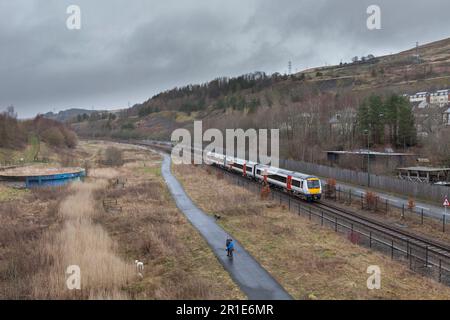 Transport For Wales class 170 Bombardier Turbostar train on the Ebbw Vale line approaching journeys end on the single track line Stock Photo