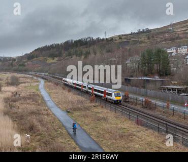 Transport For Wales class 170 Bombardier Turbostar train on the Ebbw Vale line approaching journeys end on the single track line Stock Photo