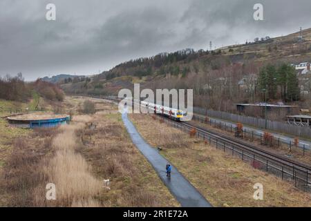 Transport For Wales class 170 Bombardier Turbostar train on the Ebbw Vale line approaching journeys end on the single track line Stock Photo